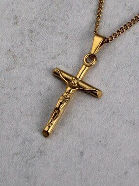 Gold Crucifix Cross Pendant Cuban Link Chain Necklace